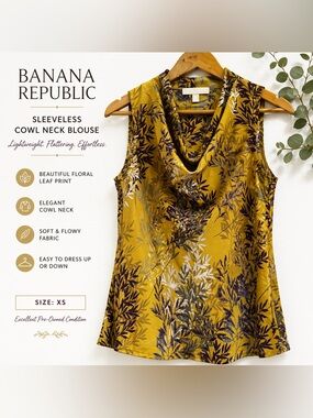 Banana Republic Sleeveless Blouse XS Mustard Floral Cowl Neck Top